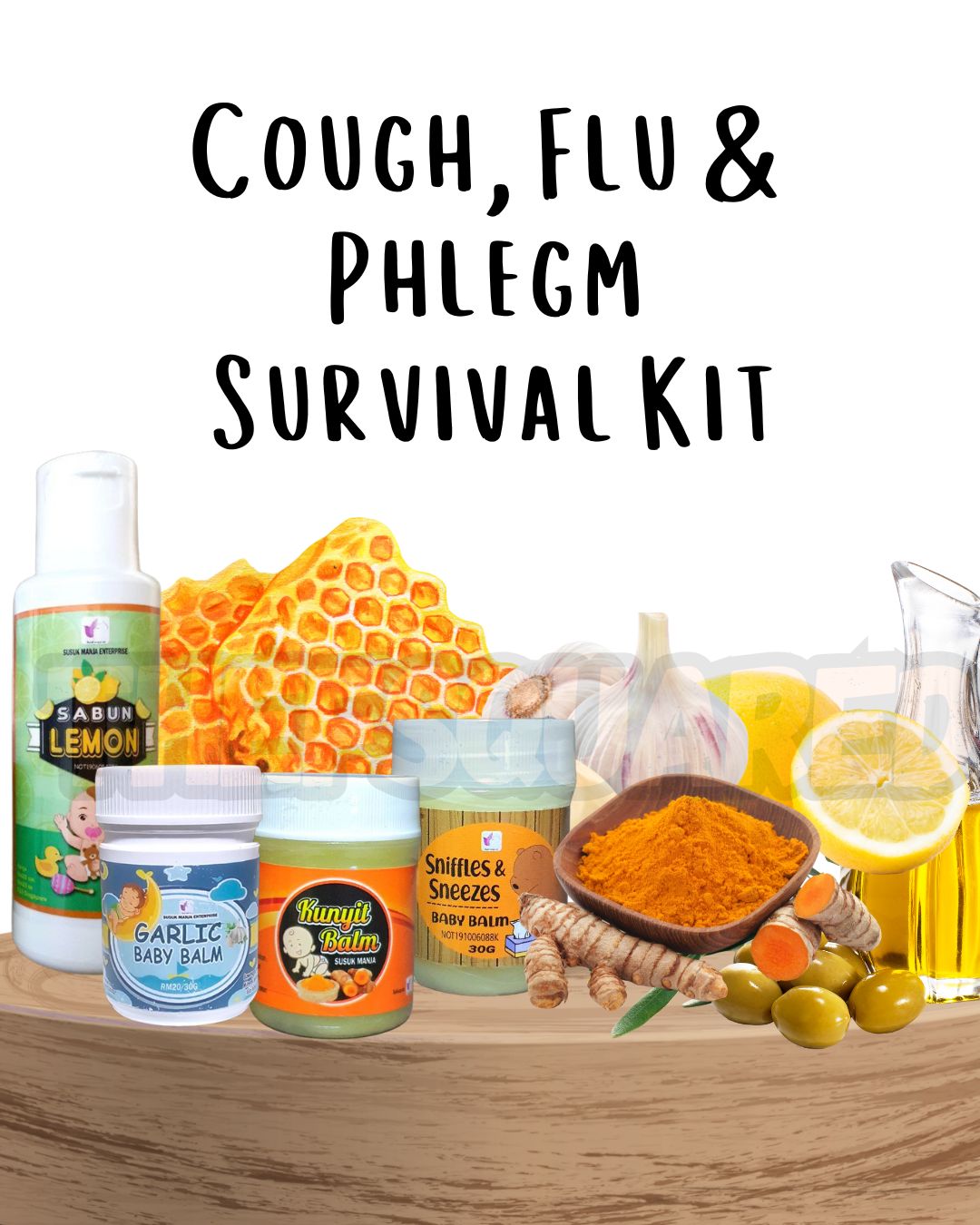 Cough, Flu & Phlegm Survival Kit (Garlic balm, Turmeric, Sniffles, Lemon Soap)